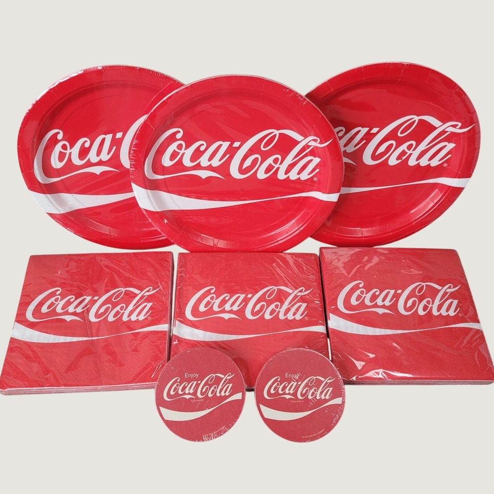 Vintage Coca Cola Logo 8.75" Paper Plates & Luncheon Napkins 2 sets of 3 SEALED